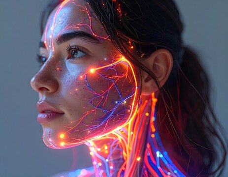 Portrait of woman with glowing circuits, face in profile