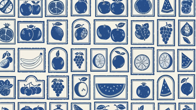 Seamless Pattern of Blue Vintage Fruit Illustrations on Cream Background