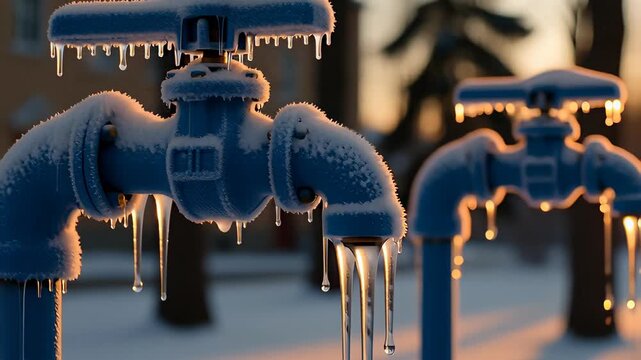 Frozen blue water pipes and valves covered in heavy frost and sharp icicles during a cold winter sunset, illustrating plumbing freeze risks and infrastructure damage concepts.