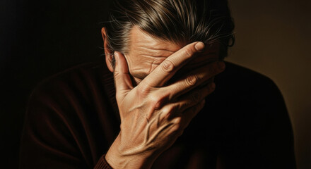 Dramatic portrait of a man experiencing despair, hand covers his face, capturing the emotions of sadness and anxiety in a dark, moody setting.