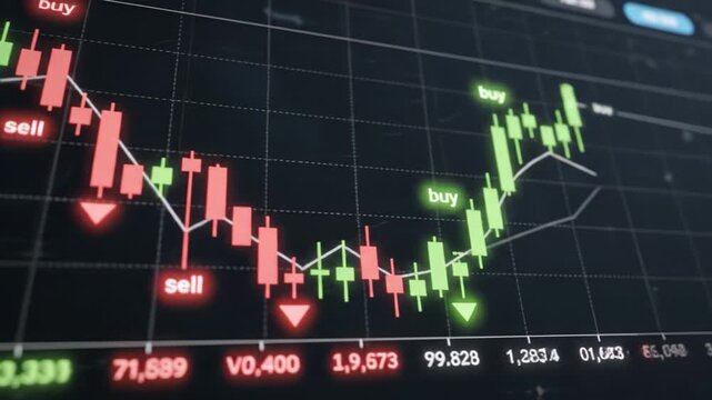 Stock market chart with green and red candlestick patterns showing buy and sell signals, financial data analysis, trading strategy, investment graph, digital screen display, economic growth trend