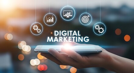 Hand holding smartphone displaying digital marketing strategy icons over city lights