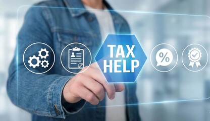 Man using virtual touch screen presses inscription: TAX HELP. Concept of tax help and accounting service. Advisor for mortgage, loan or help with taxes businessman pressing virtual button