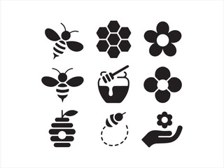 Bee icons set, Line art close up bee and honeycomb icon set with honey jar beehive flower and save the bees badge stamp collection of vector