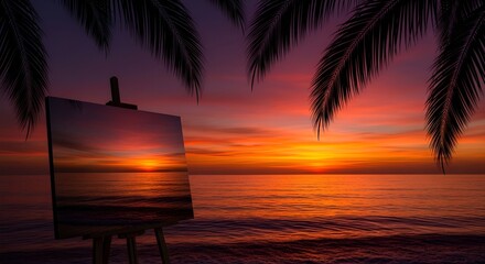 Fototapeta premium An artist's easel displays a vibrant sunset over the ocean, framed by silhouetted palm fronds,