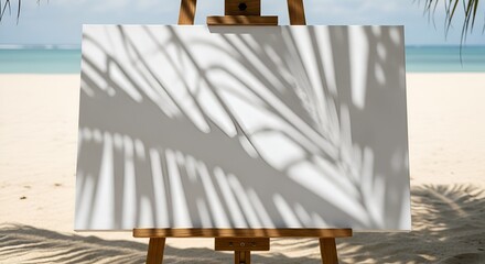 A blank white canvas rests on a wooden easel on a sun-drenched sandy beach with calm ocean and sky