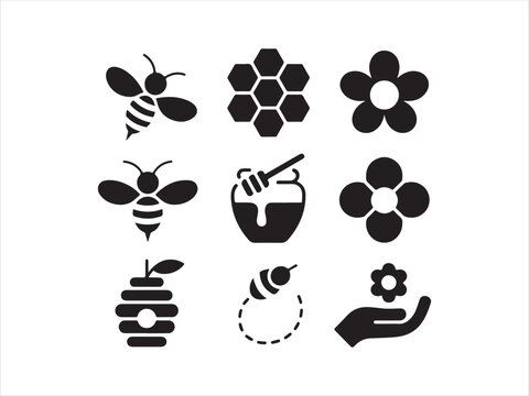 Bee icons set, Line art close up bee and honeycomb icon set with honey jar beehive flower and save the bees badge stamp collection of vector