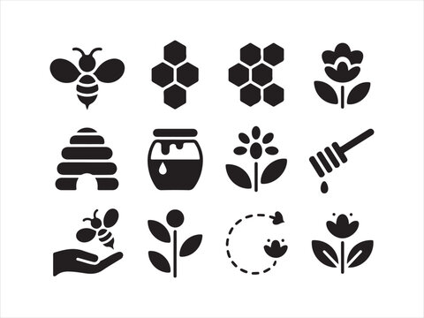 Bee icons set, Line art close up bee and honeycomb icon set with honey jar beehive flower and save the bees badge stamp collection of vector