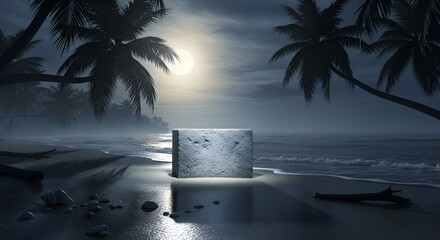 Mysterious stone monolith stands on a moonlit beach at night, framed by silhouetted palm trees,