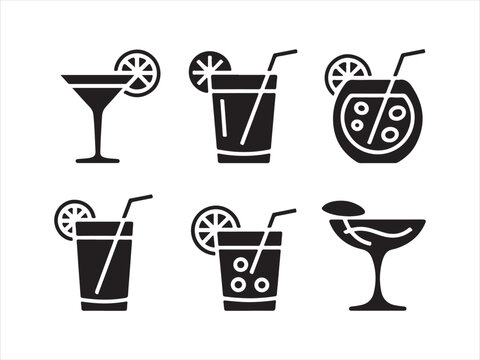 A collection of various drink and cocktail glasses in a minimalist black and white  silhouette vector style