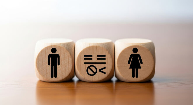 Three wooden blocks show gender equality with man, equal symbol, woman on glossy wood surface. Depicts balance and rights in business and society. - Powered by Adobe