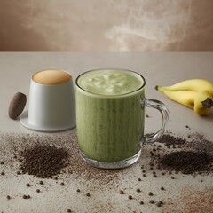 A warm cup of matcha latte with beautiful latte art, placed on a cozy breakfast table featuring toast, pastries, and a glass of orange juice.