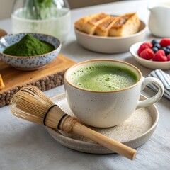 A warm cup of matcha latte with beautiful latte art, placed on a cozy breakfast table featuring toast, pastries, and a glass of orange juice.