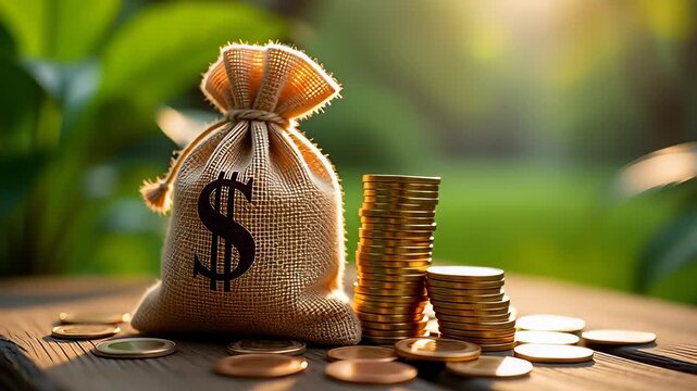 Burlap money bag with dollar sign and stacked gold coins resting on a wooden table under bright sunlight, illustrating financial growth and savings concepts