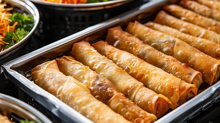 Close up of crispy spring rolls arranged in a metal tray with other food items in the background