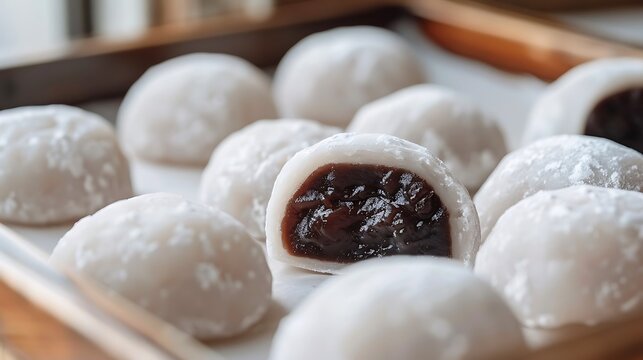 A close up of japanese mochi with red bean filling on a wooden tray in soft natural lighting