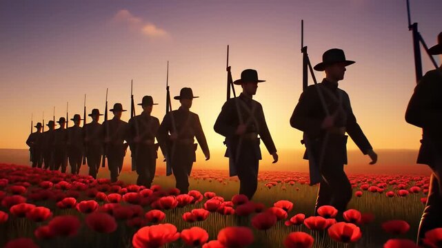Silhouettes of military soldiers marching in a line through a field of red poppies at sunset, symbolizing Anzac Day and remembrance concepts.