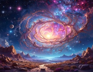 Cosmic landscape with a glowing nebula and a rocky foreground