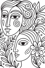 A soft abstract vector artwork portrays a woman’s face intertwined with flowing flowers and leaves, forming a gentle composition that symbolizes self love, inner calm, and beauty.