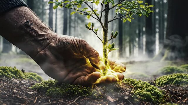 Hand nurturing a glowing sapling in a lush forest, symbolizing growth and environmental care.
