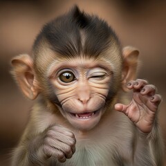 Close-up of a playful monkey infant winking and exhibiting a joyful expression.