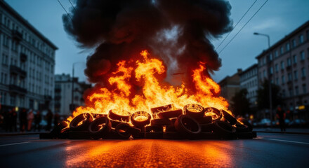 Burning tires on an urban street at dusk create intense flames and smoke. Asphalt reflects firelight amidst buildings, highlighting a scene of protest or demonstration.