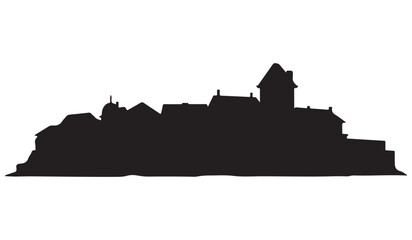  Dark silhouette of a grand historic castle on a hill against a white background silhouette