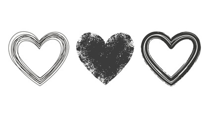 Three Distinct Hand-Drawn Heart Shapes with Different Artistic Styles on White