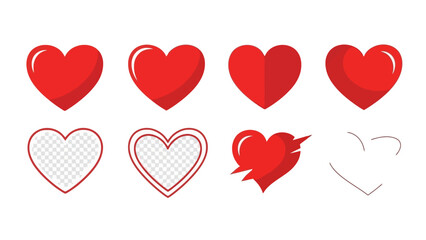 Collection of Red Hearts in Various Styles, Isolated on White Background