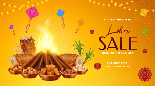 Lohri Sale Banner with Bonfire, Kites, Dhol and Traditional Punjabi Sweets