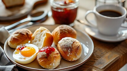 A breakfast of rolls, jam, and coffee on a wooden table with natural light and soft focus background