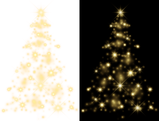 Sparkling Gold Glitter Tree Sparkling Gold Glitter Tree Festive design comparing a gold glitter tree on white versus a glowing version on a black background