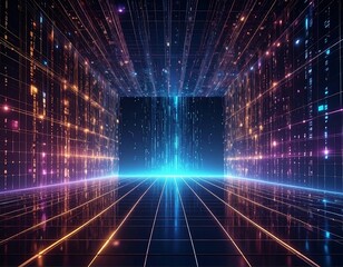 Futuristic digital data tunnel with glowing lights and grid patterns