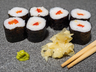 Delicious Paprika Hosomaki with Pickled Ginger and Wasabi