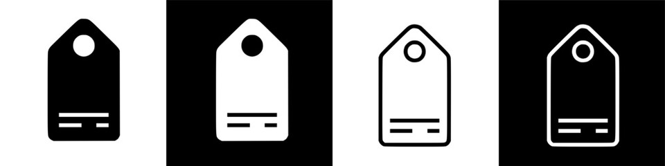 Four stylized price tag illustrations in black and white, presented with alternating background colors.