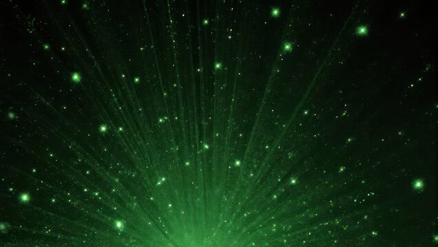 Radiant green energy burst with sparkling particles on a black background.