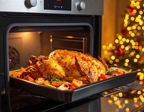 Roast chicken and vegetables in oven, blurred Christmas tree backdrop