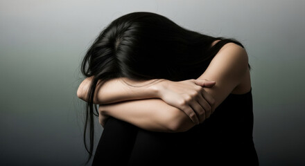 A sad woman in dark clothing hugs her knees tightly, expressing emotional distress against a gray gradient background in soft studio lighting. Captures themes of sadness and anxiety.