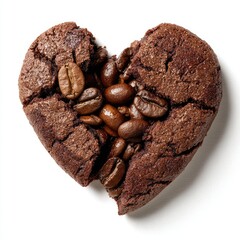 Heart-shaped, cracked brownie filled with roasted coffee beans, against a white background