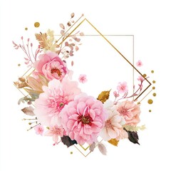 Watercolor floral arrangement with pink flowers and gold geometric frame on white background