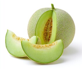 A ripe melon with a slice removed, and two slices isolated on a white background