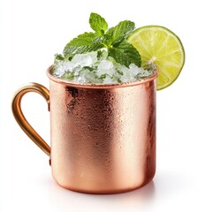 Refreshing cocktail in a copper mug, garnished with mint and lime, over crushed ice