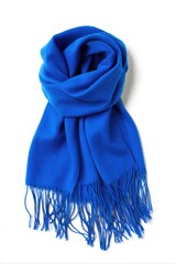 Cobalt blue scarf with fringes, artfully draped on a white background