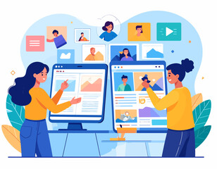 Two women managing digital content and social media on large computer screens, surrounded by various online profiles and media elements, illustrating content creation and online collaboration.