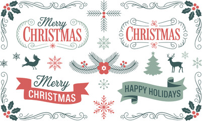 Christmas and holiday graphic elements with text merry