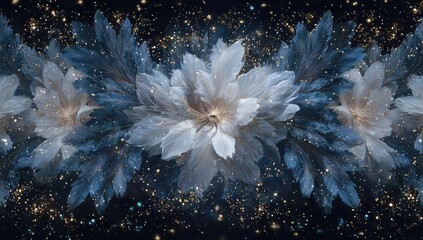 Abstract floral illustration showcasing light blooms, feather-like details, and golden sparkle