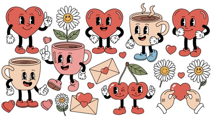 Retro Cartoon Characters Collection: Hearts, Coffee Cups, Cherries, and Daisies