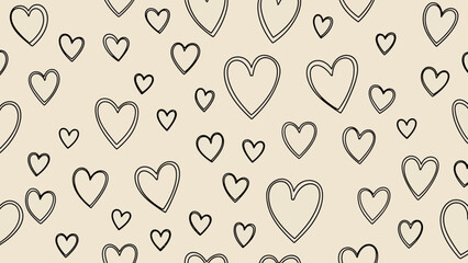 Seamless Pattern of Hand-Drawn Outline Hearts on a Light Beige Background