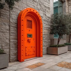 Bold orange arched door on a stone wall