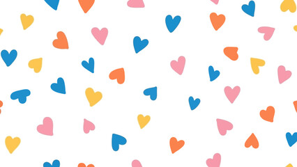 Colorful Hand-Drawn Hearts Seamless Pattern on White Background, Cute & Playful